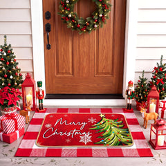 Tinideya Christmas door mat set with red checkered rug and Christmas tree design