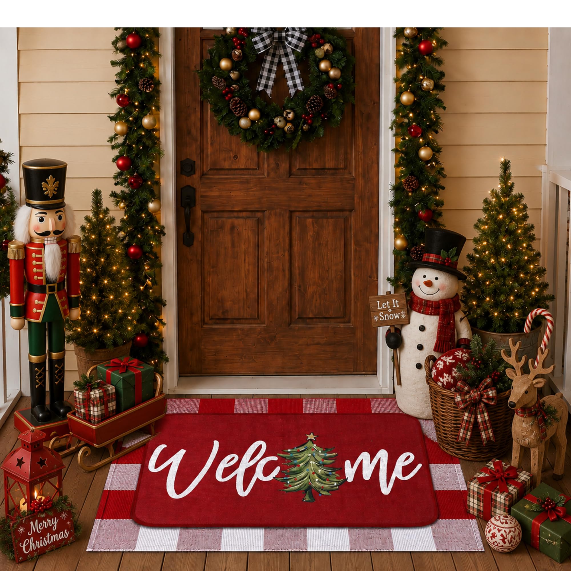 Tinideya Christmas Doormat front view with red and white design