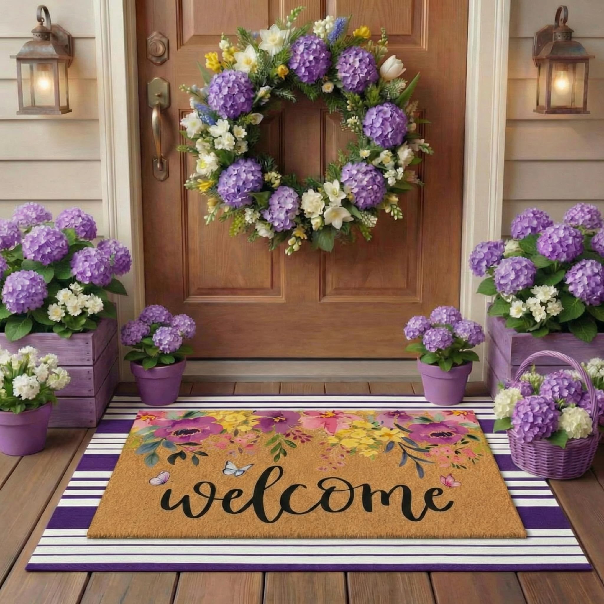 Tinideya doormat set featuring purple flowers design and buffalo plaid rug