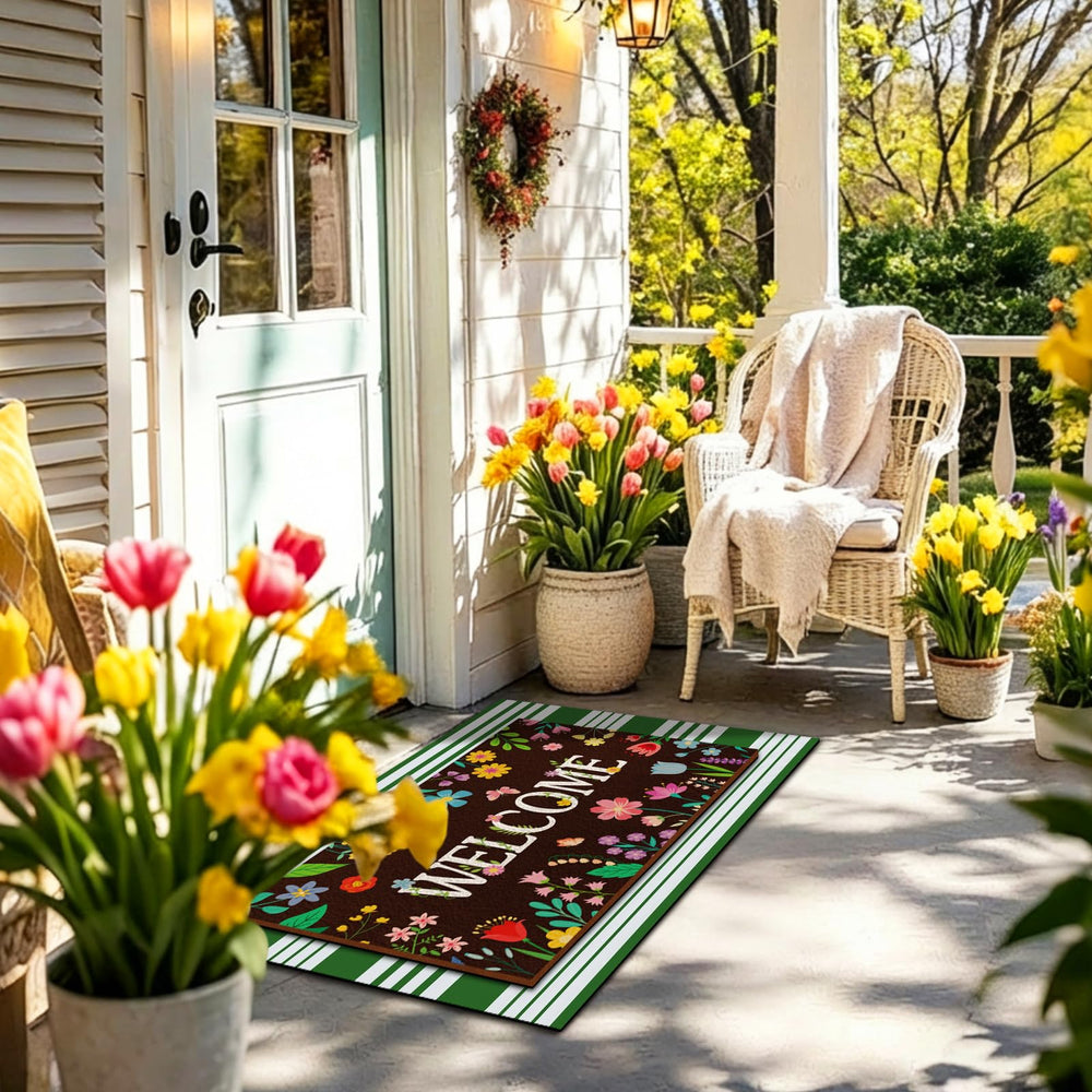 Tinideya doormat with elegant design in black, green, and white