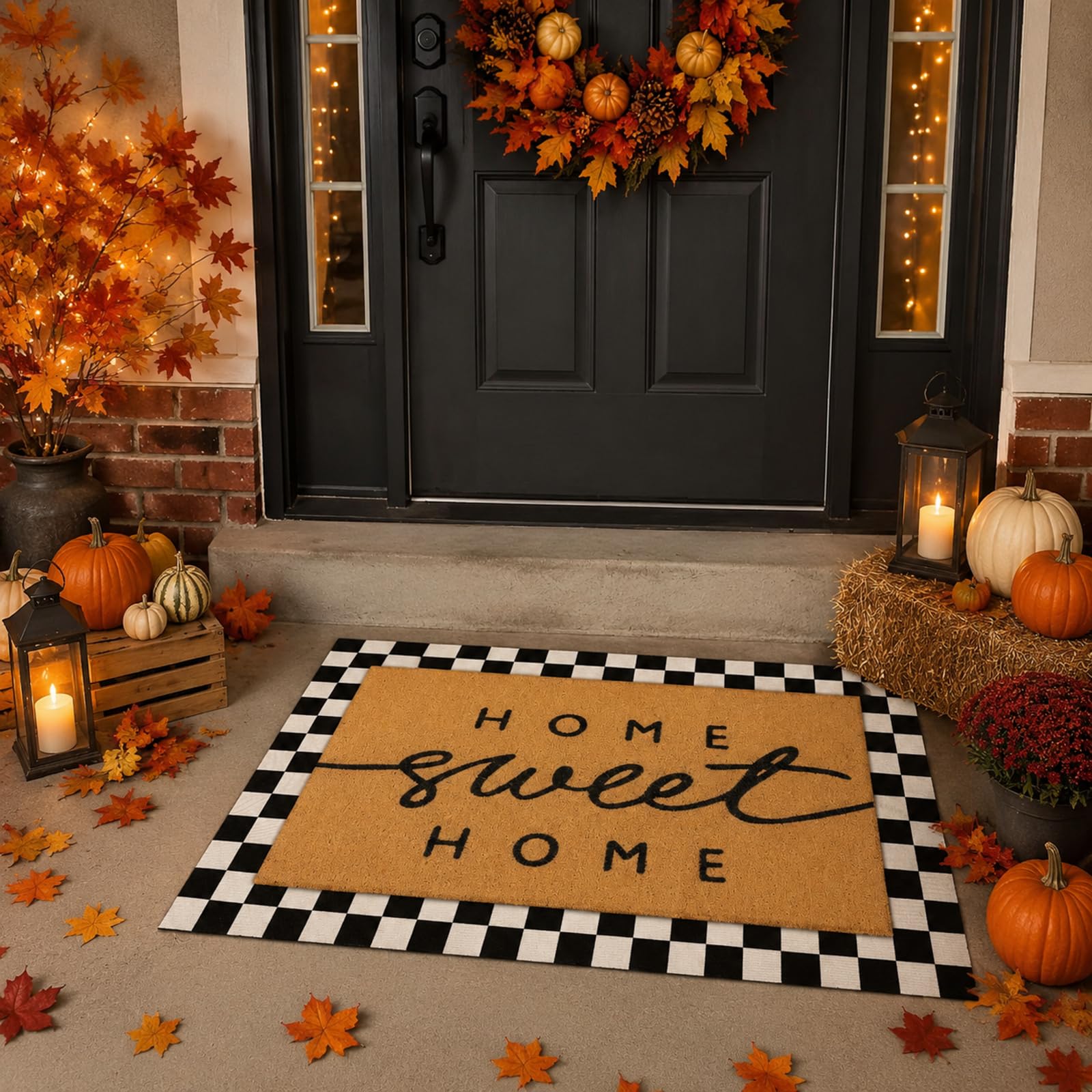 Tinideya doormat with rustic artwork in autumn setting