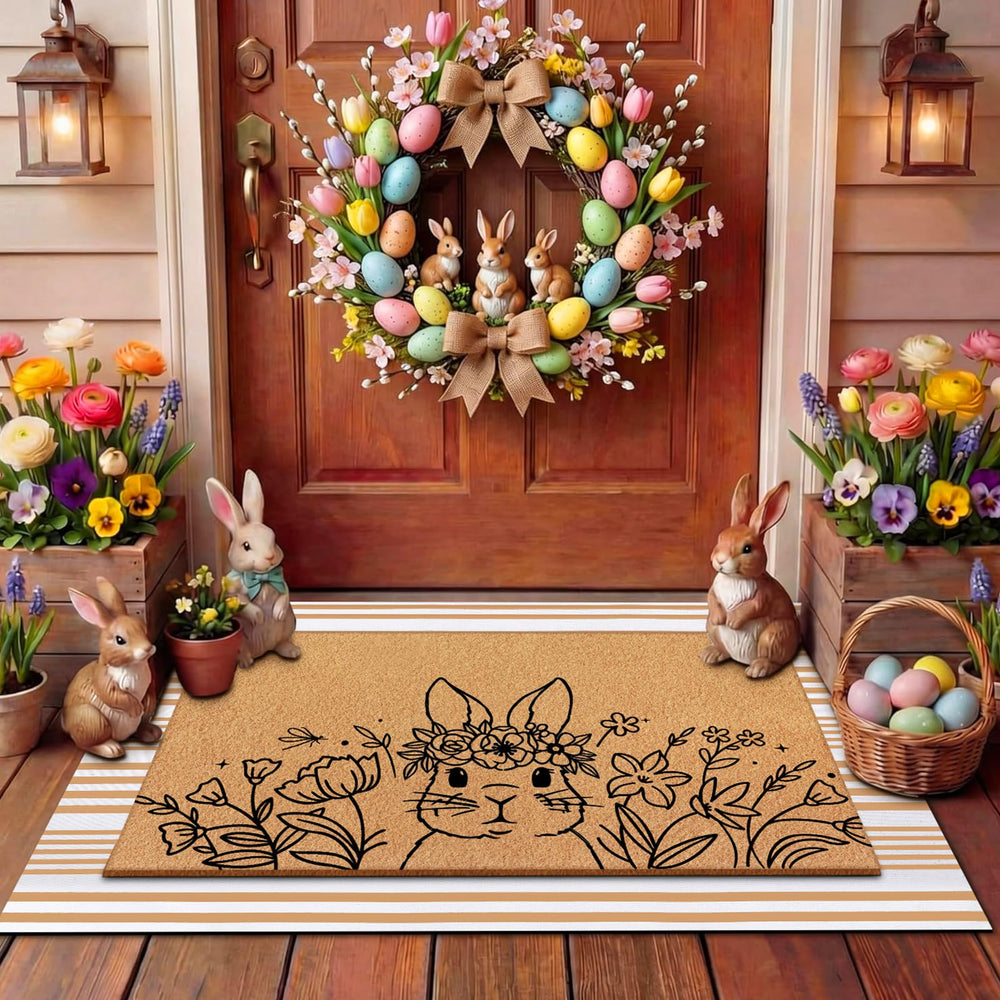 Tinideya Easter Floral Bunny Door Mat Set with beige striped design