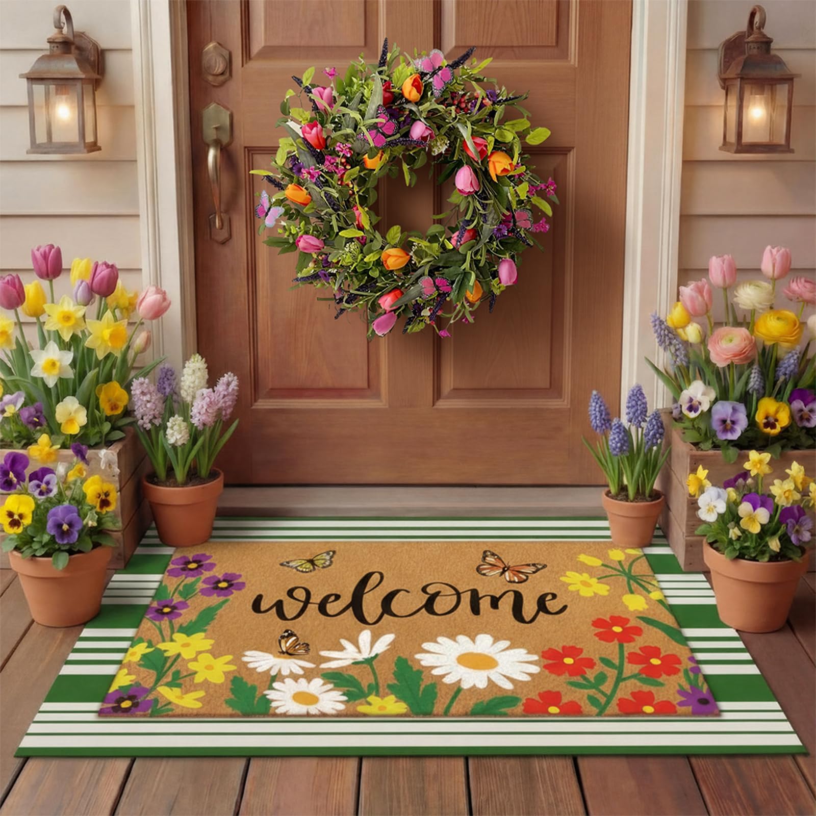 Tinideya floral welcome mat with vibrant flowers and butterflies