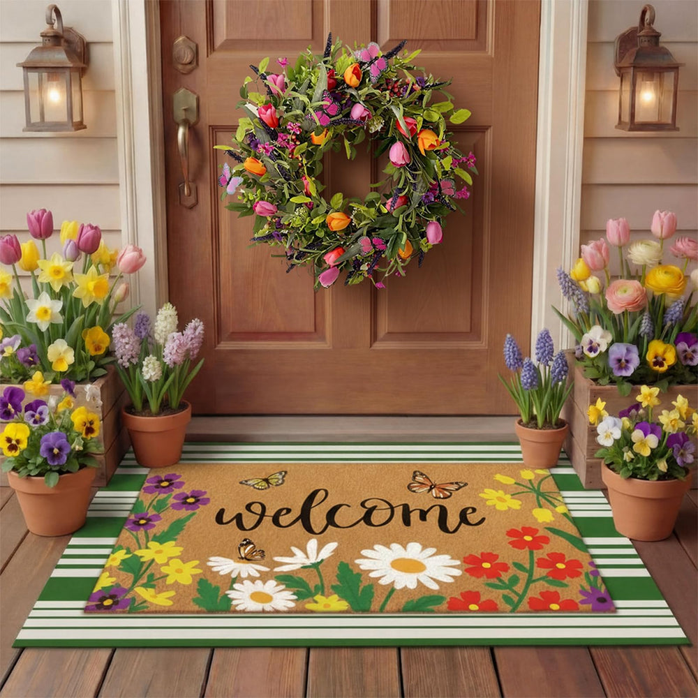 Tinideya floral welcome mat with vibrant flowers and butterflies