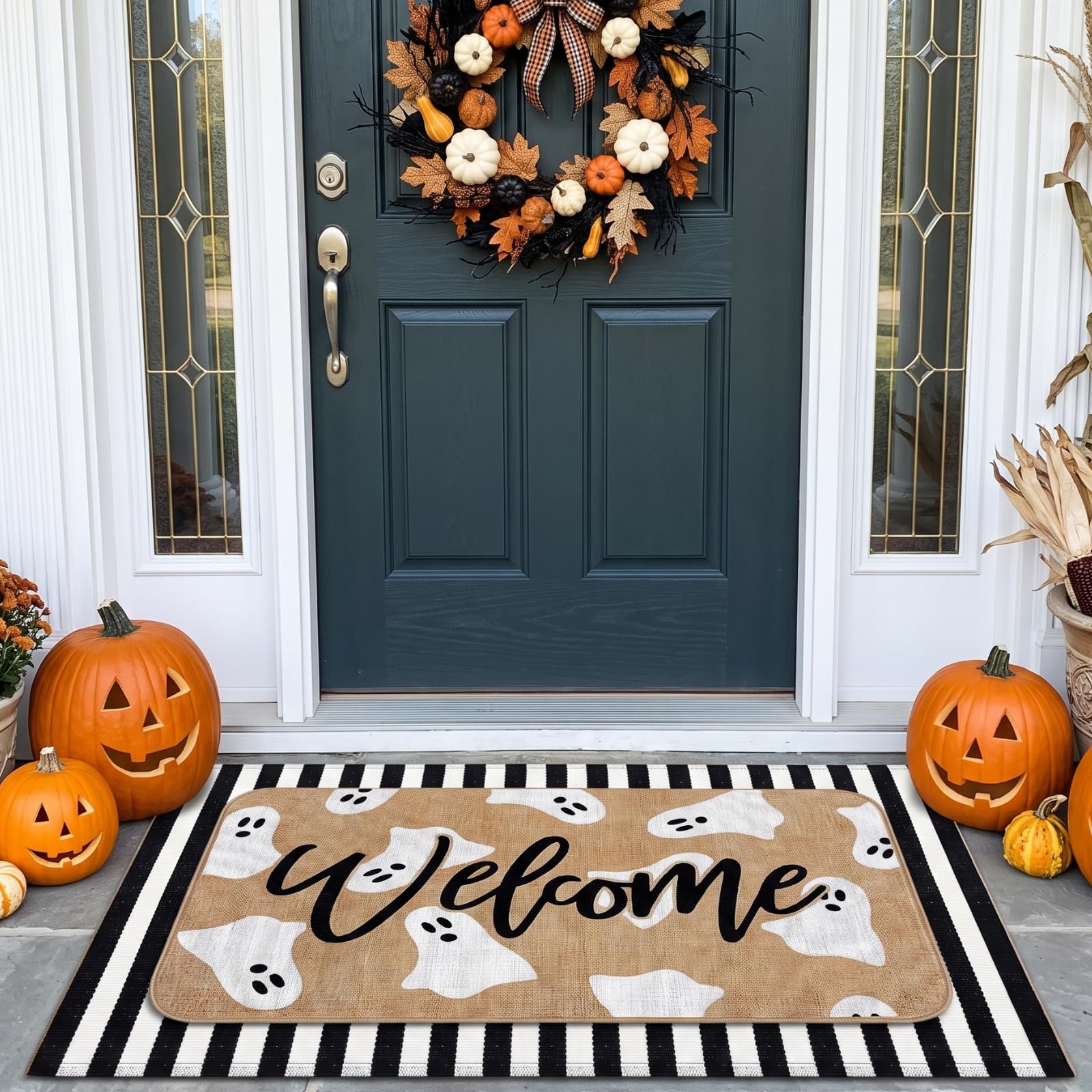 Tinideya Halloween Door Mat Set, back view showing non-slip surface