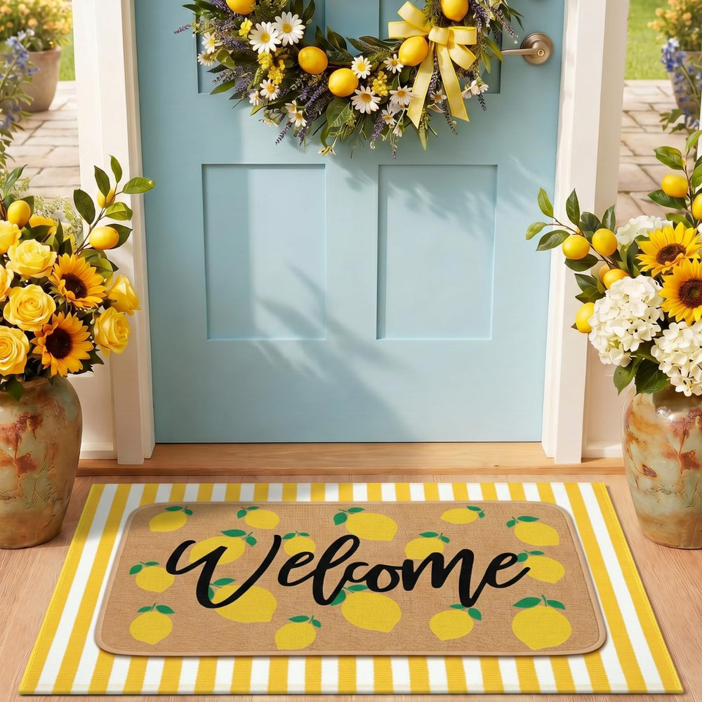 Tinideya lemon door mat and striped rug displayed together