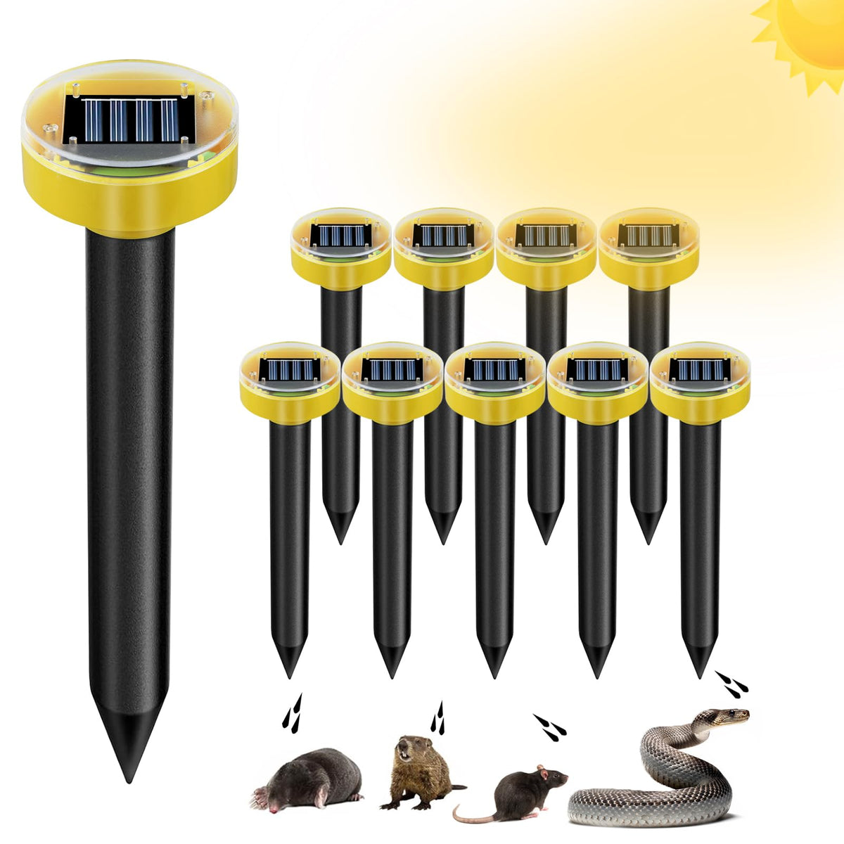 Tirgo solar mole repellent yellow stake front view