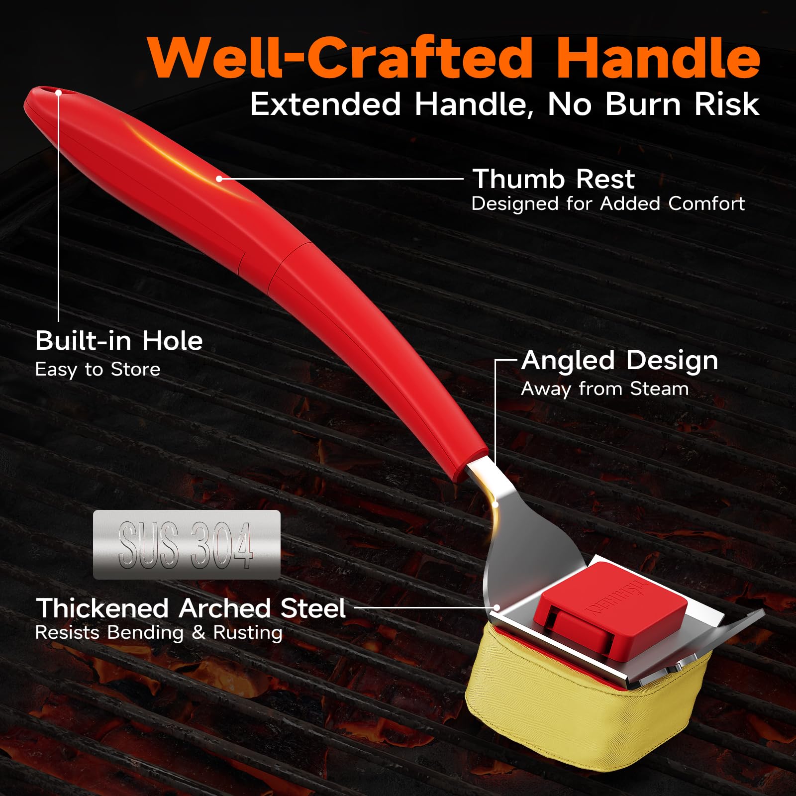 TISHI HERY Grill Brush in use on a stainless steel grill