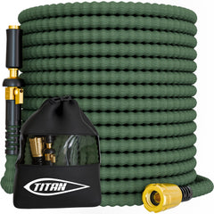 Titan 65FT Flexible Garden Hose in forest green with nozzle