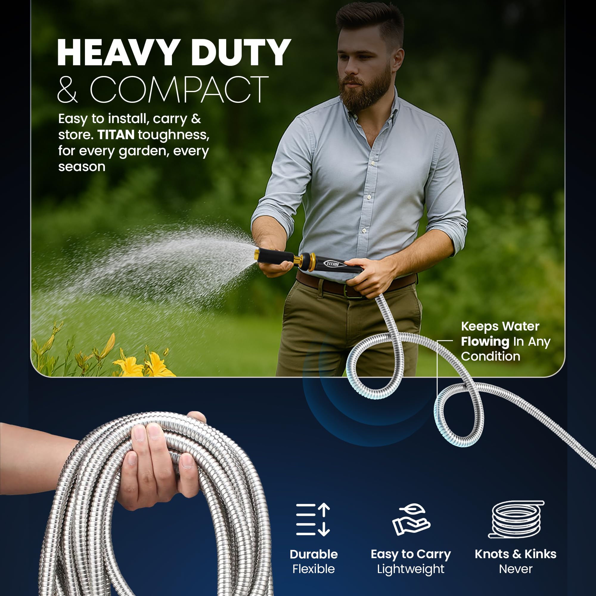 Titan garden hose brass nozzle close-up