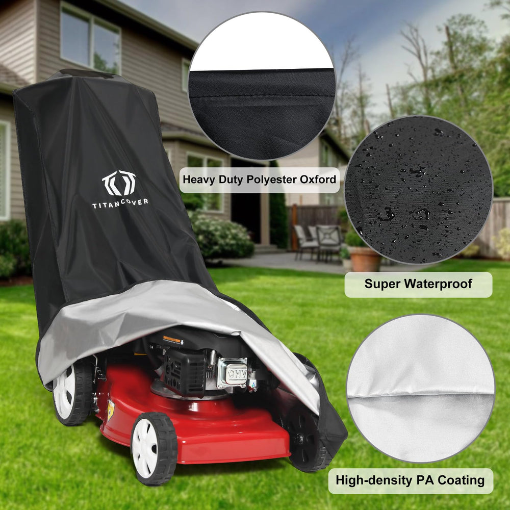 TITANCOVERS lawn mower cover laid on a lawn mower
