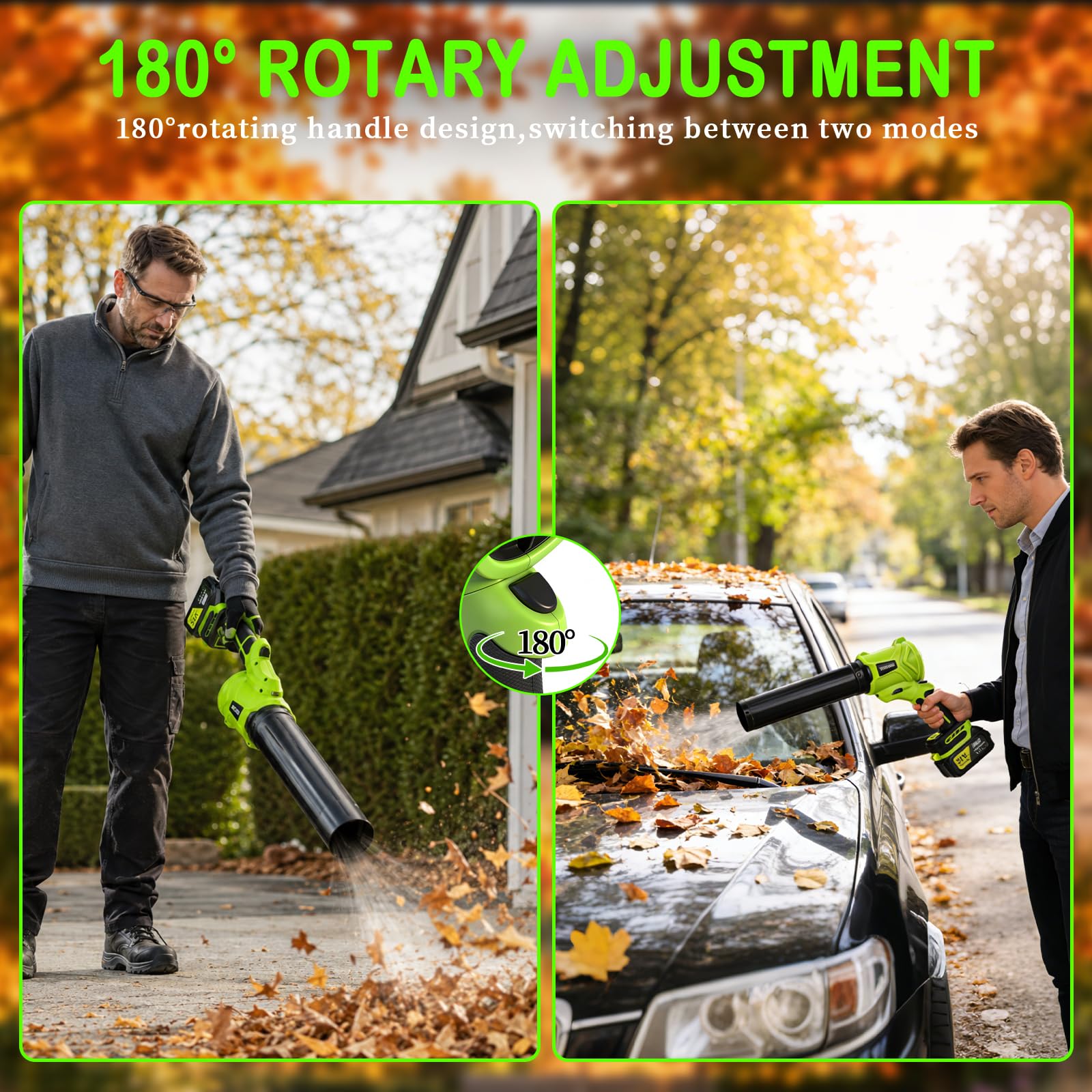 TNELTUEB leaf blower showing 180° rotating handle