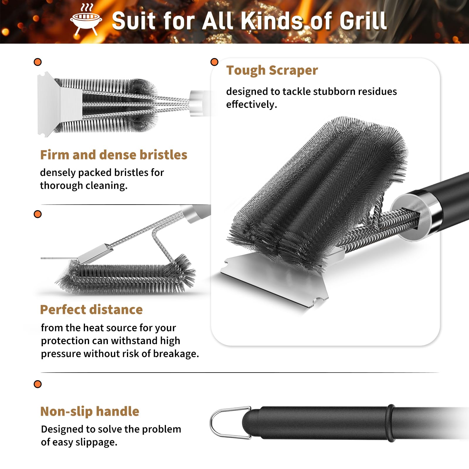 TNTOR Grill Brush on charcoal grill cleaning surface