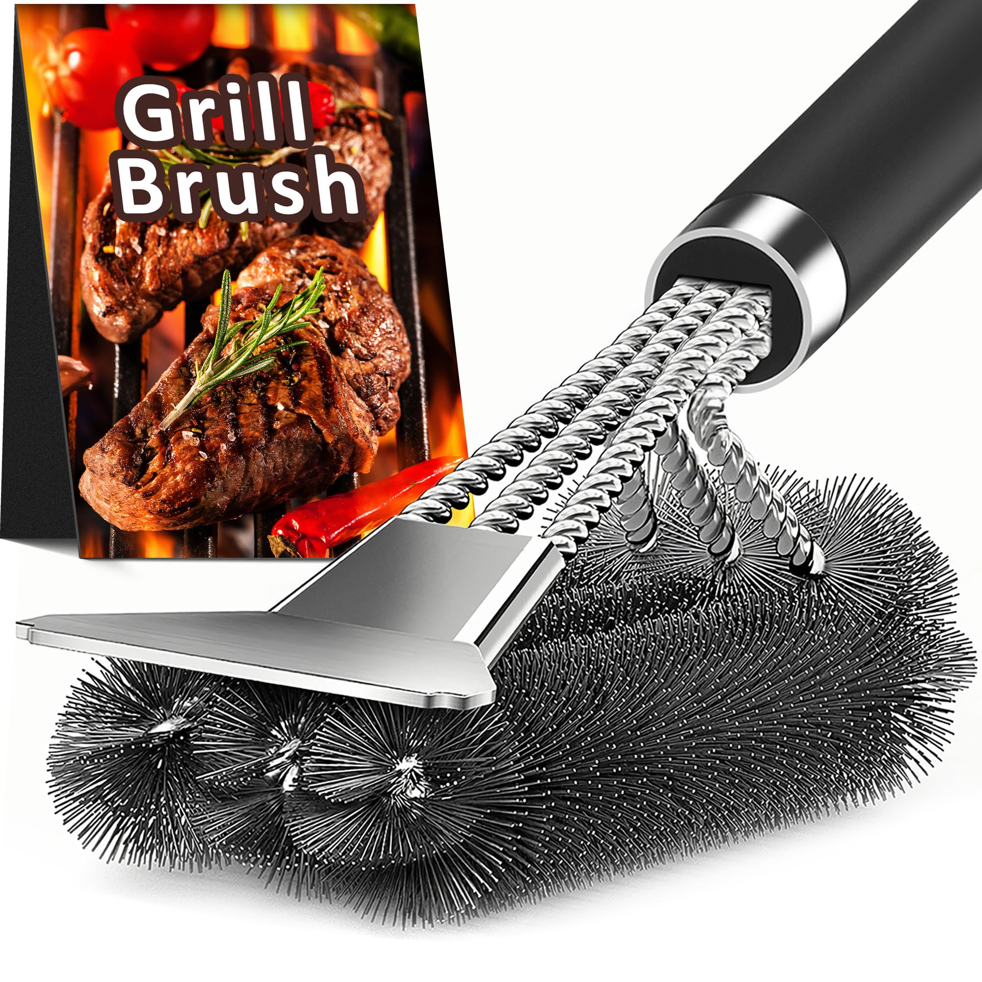 TNTOR Grill Brush with Scraper front view, silver black
