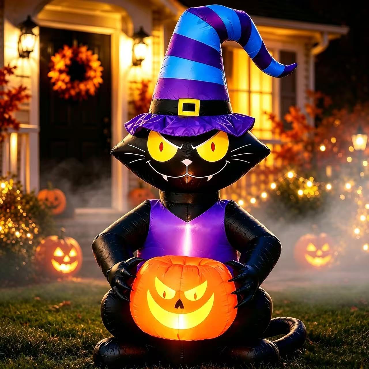 Toiyjofe 6FT Halloween inflatable black cat front view with pumpkin