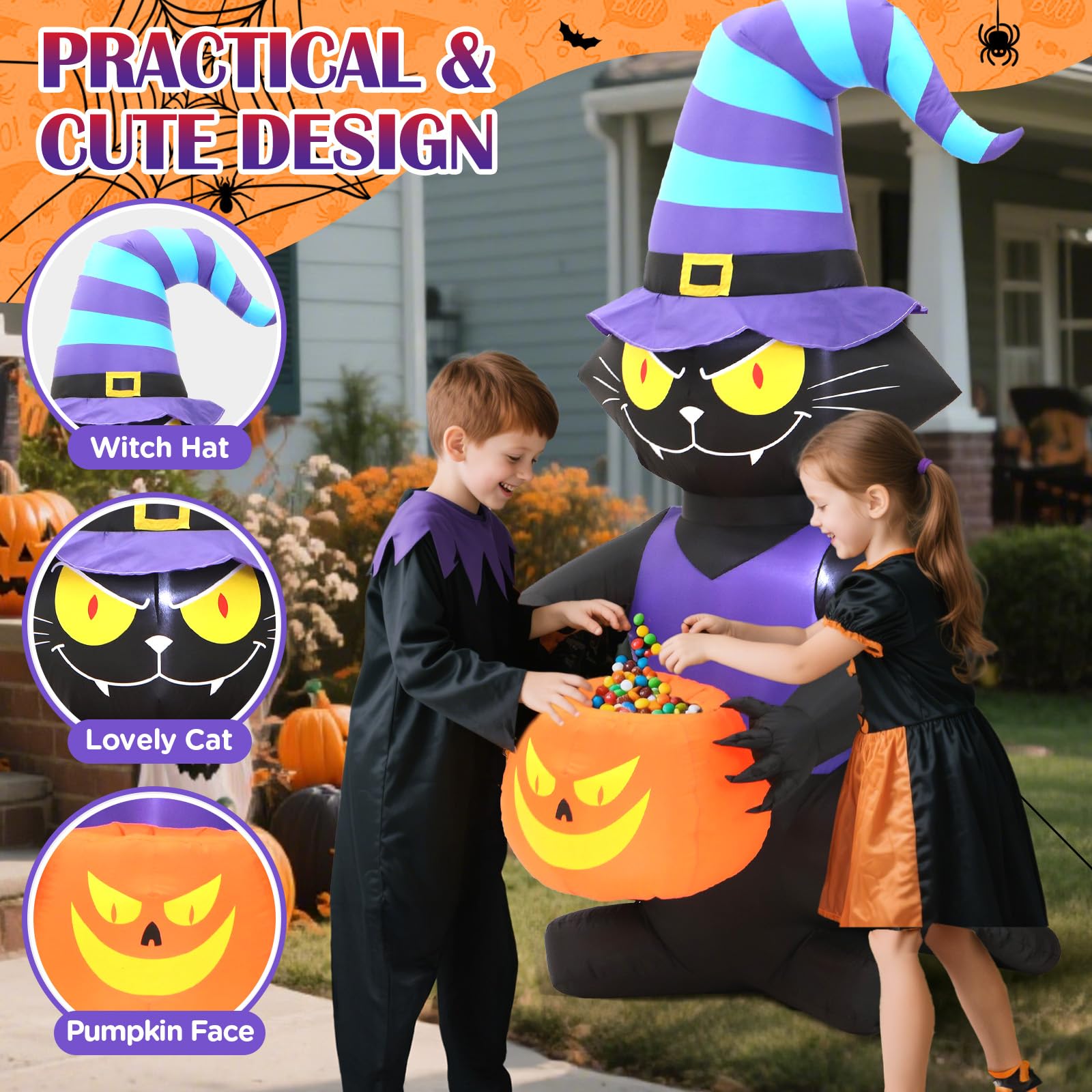 Toiyjofe Halloween inflatable cat with candy pumpkin at night