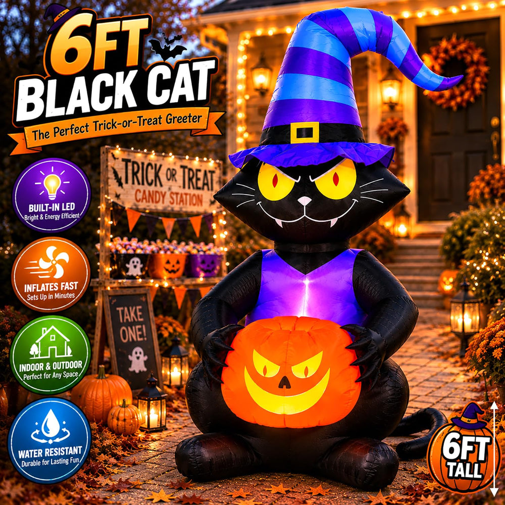 Toiyjofe inflatable black cat showing LED lights in garden