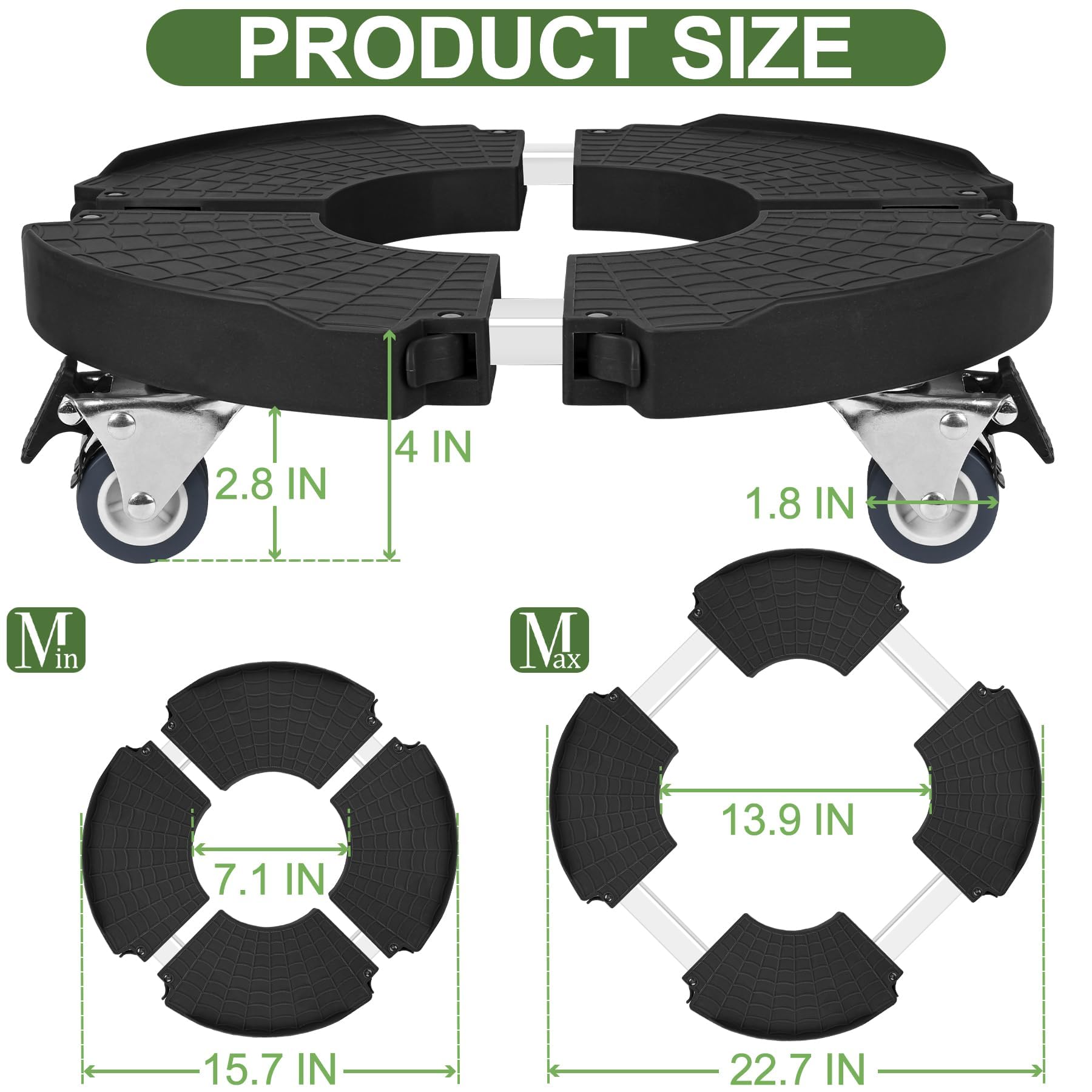 ToLanbbt adjustable plant caddy side view showing height range