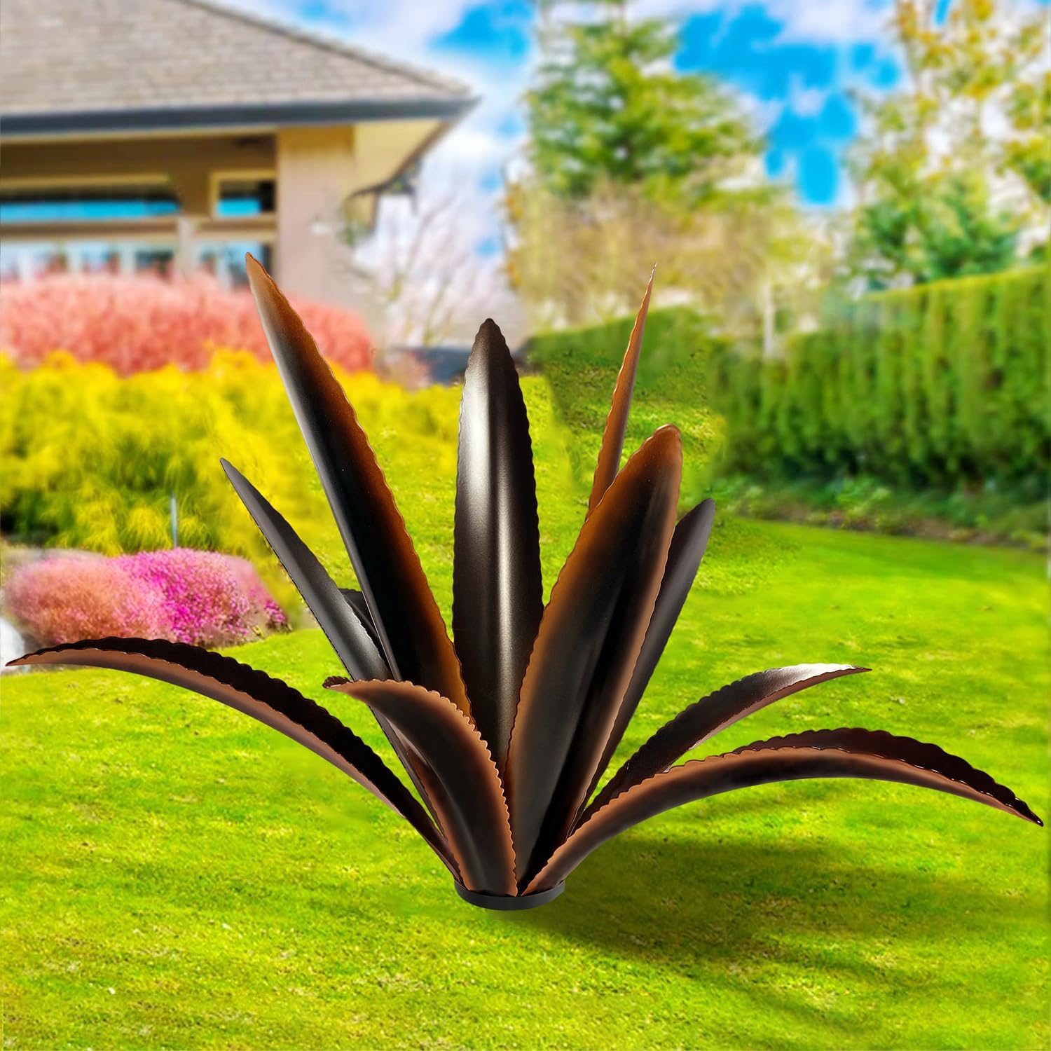 TOMBABY Agave Metal Sculpture front view with 12 black leaves