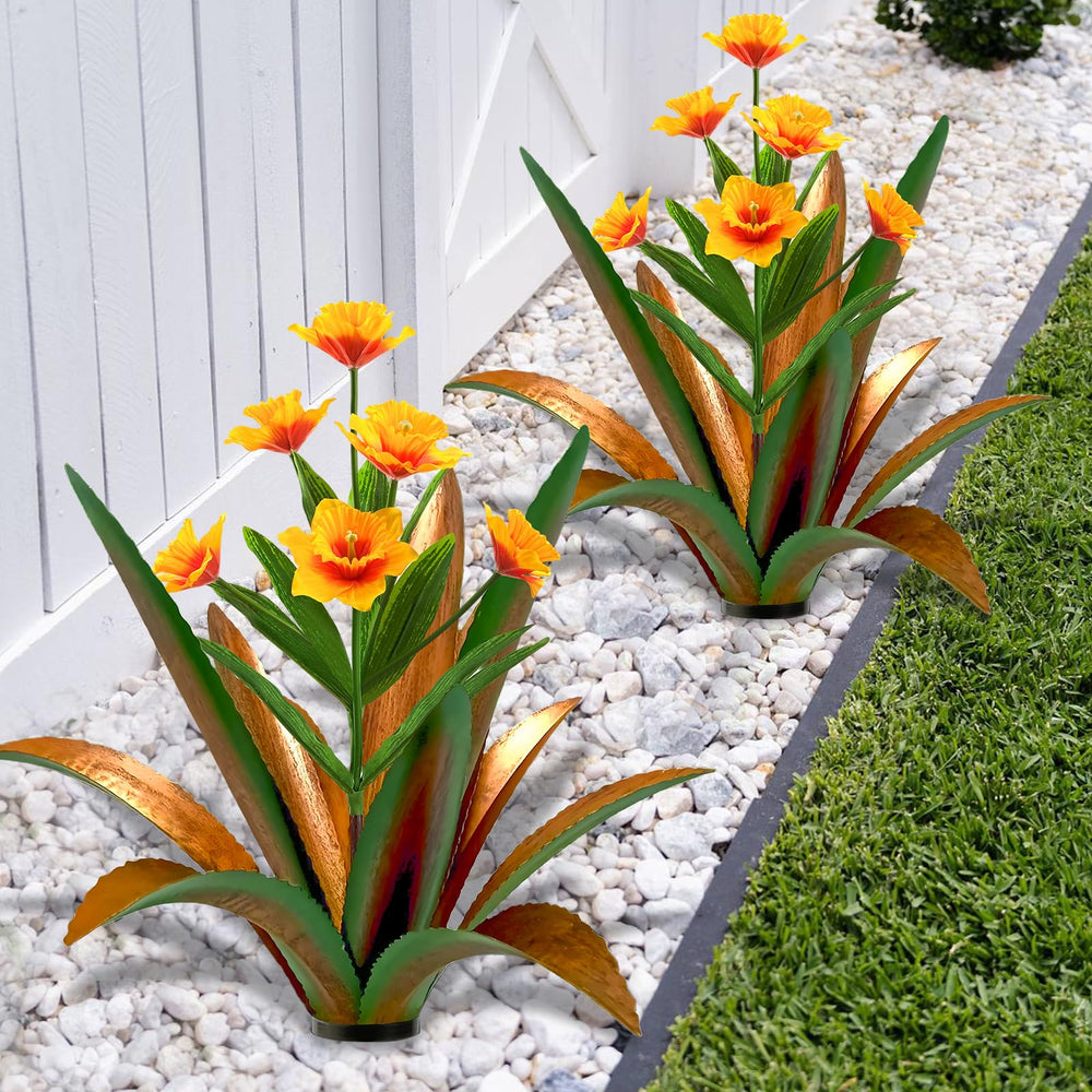 TOMBABY Metal Agave Plants close-up of daffodil blooms