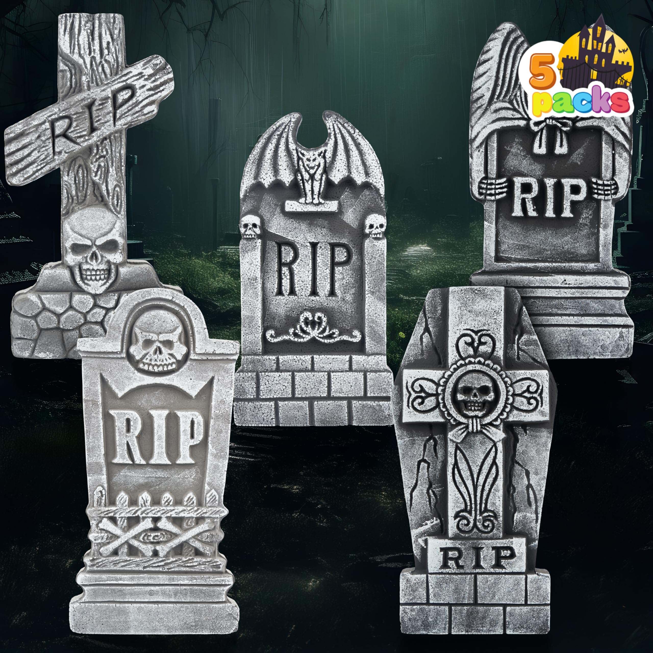 Tombstones in a Halloween themed outdoor setup