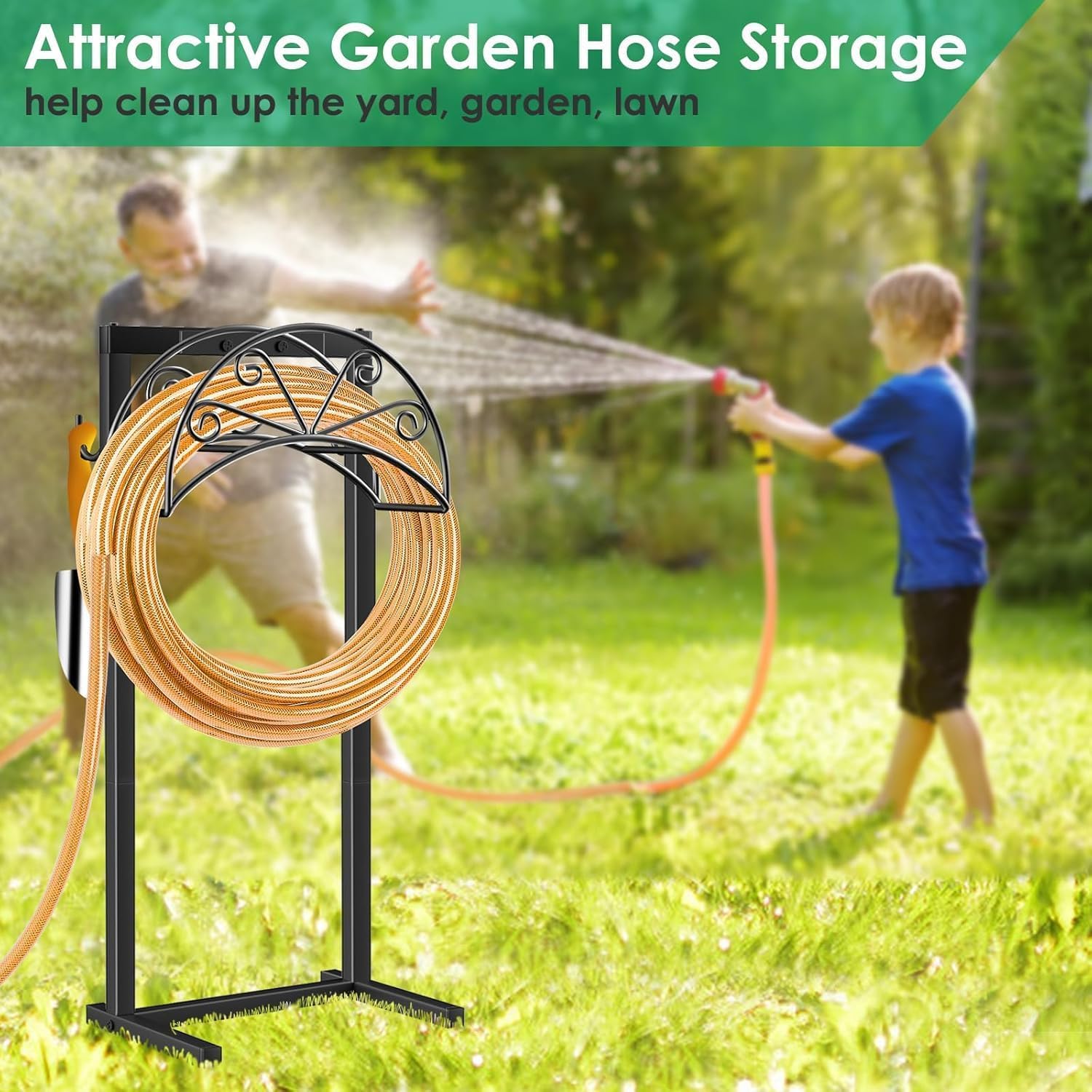 TomCare Garden Hose Holder in a decorative outdoor setting