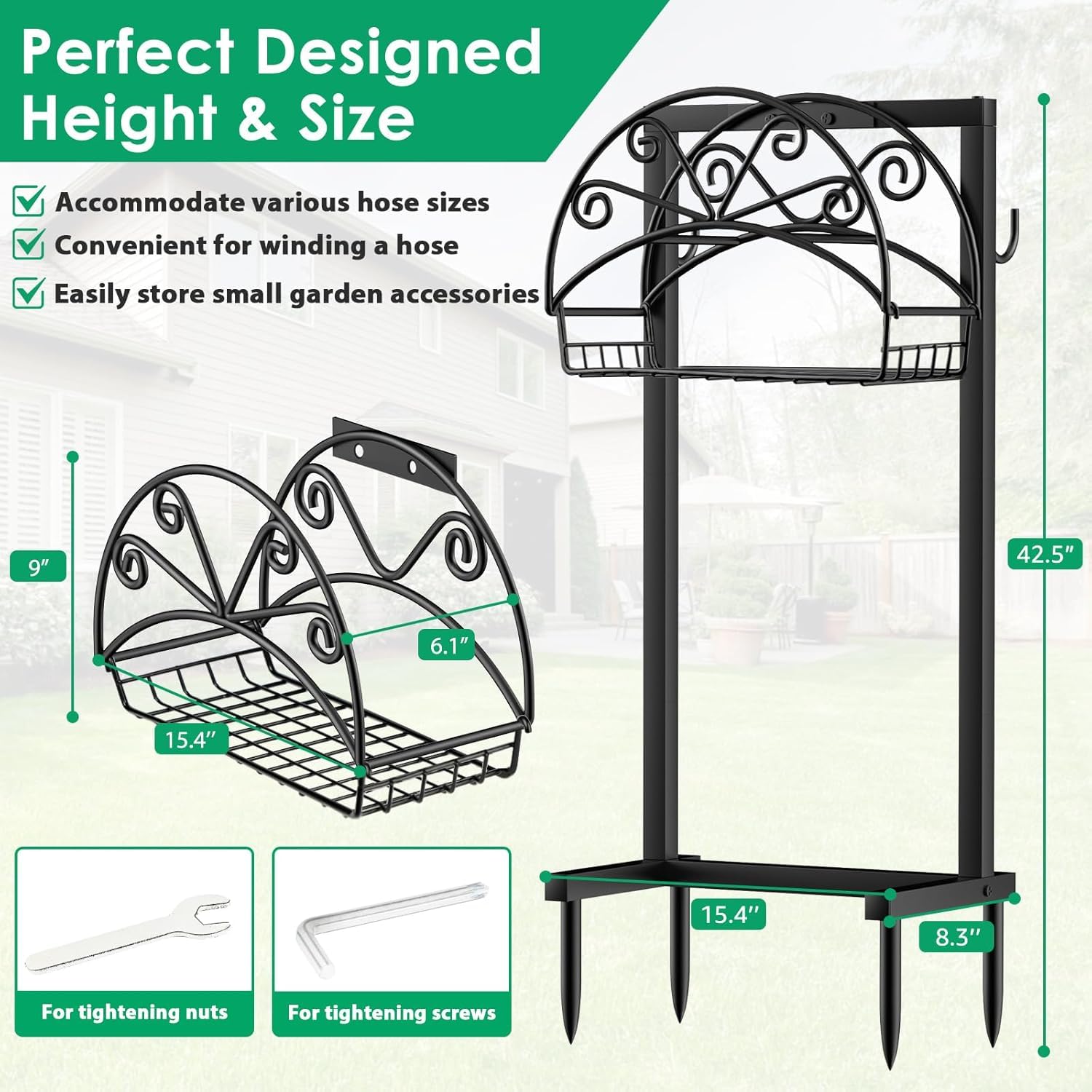 TomCare Garden Hose Holder in a landscaped garden setting