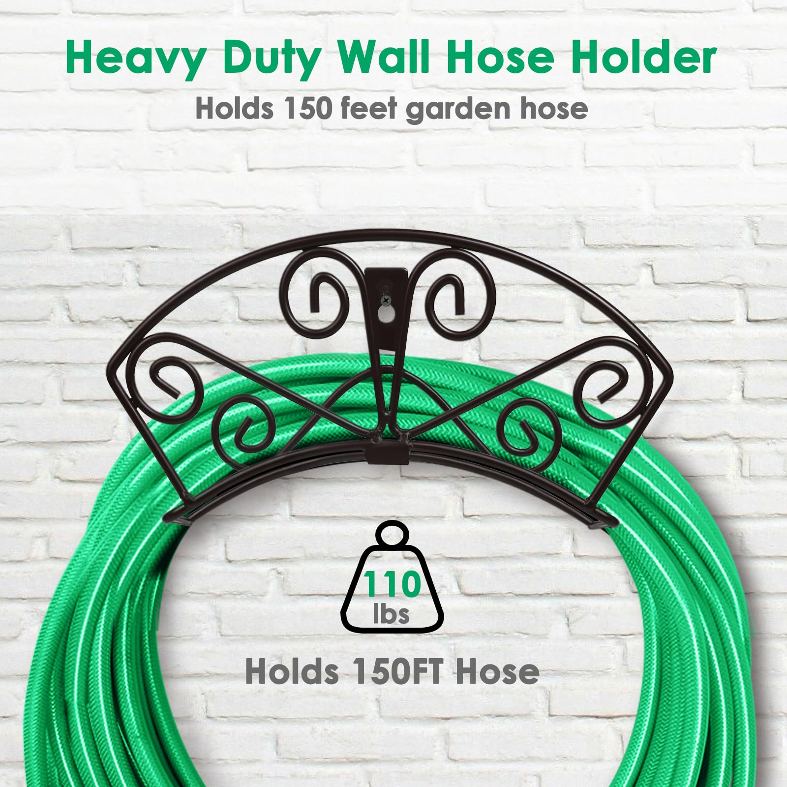 TomCare Garden Hose Holder mounted on a wall with a hose coiled