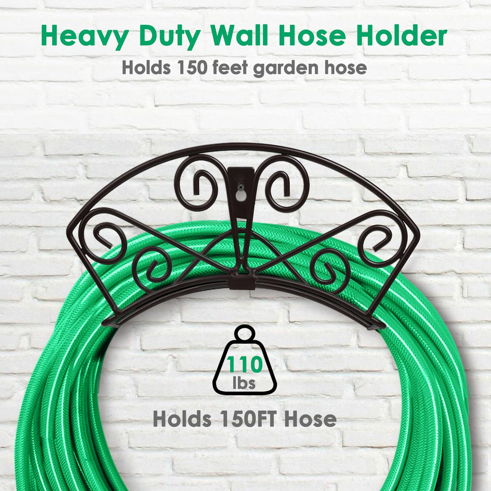 TomCare Garden Hose Holder mounted on a wall with a hose coiled