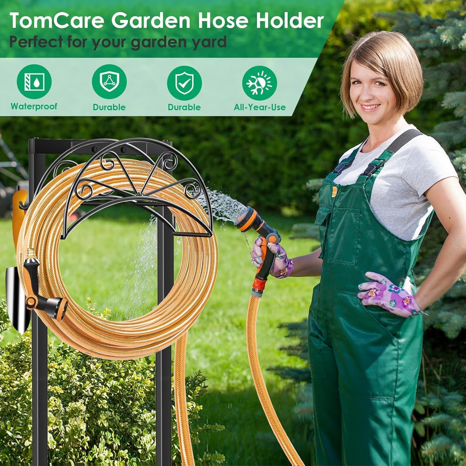 TomCare Garden Hose Holder showcasing its stability in soil