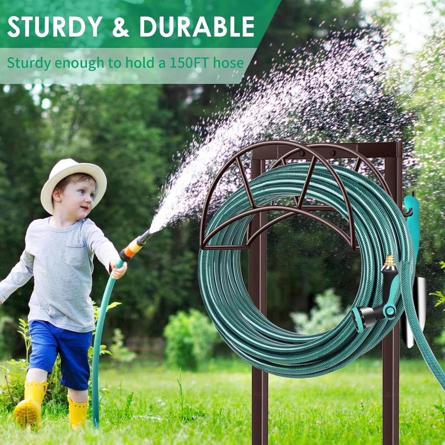 TomCare Garden Hose Holder with a garden hose attached