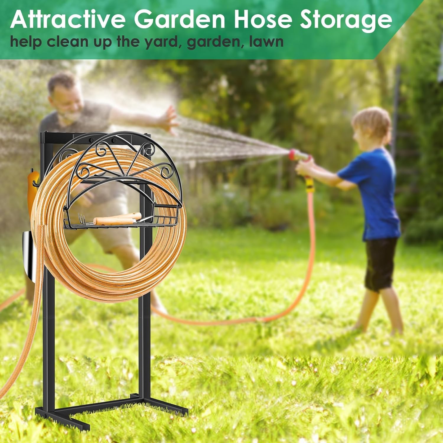 TomCare Garden Hose Holder with gardening tools hanging