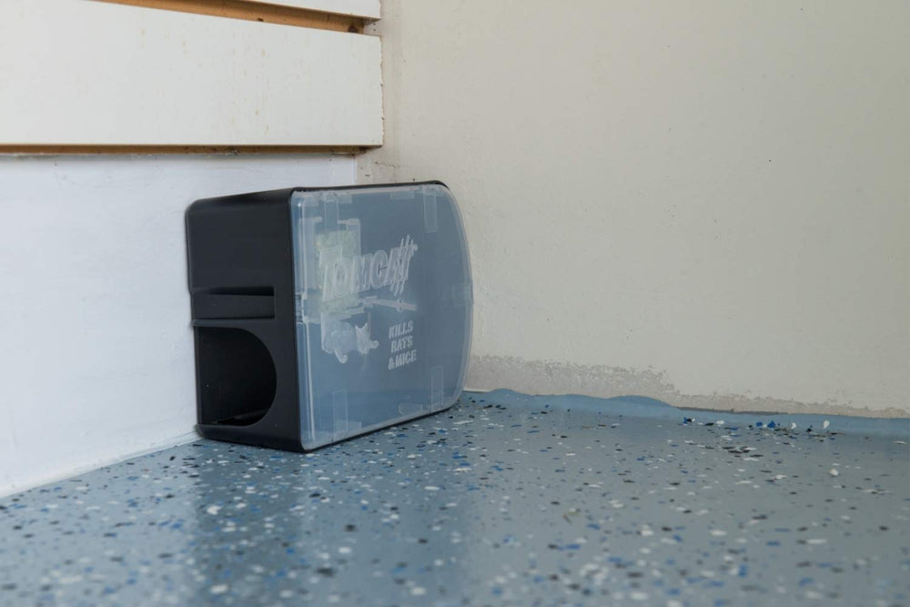 Tomcat Rat & Mouse Bait Station in garage setting