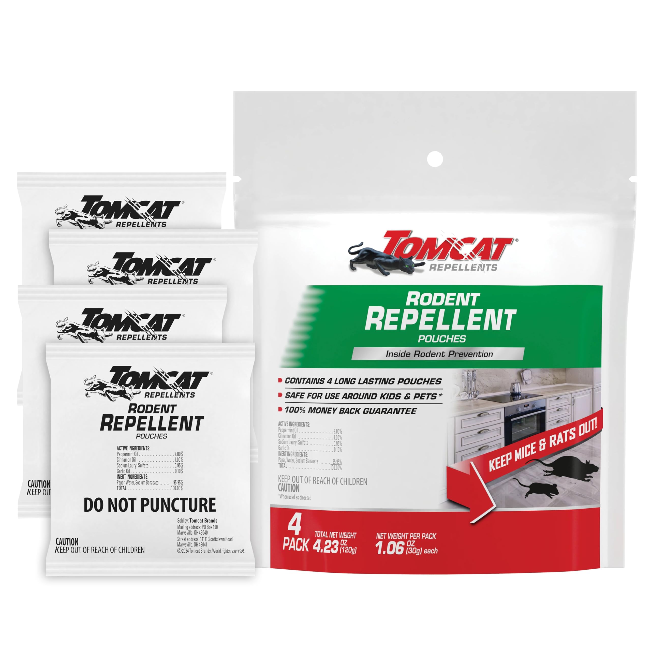 Tomcat Rodent Repellent Pouches front view with peppermint scent