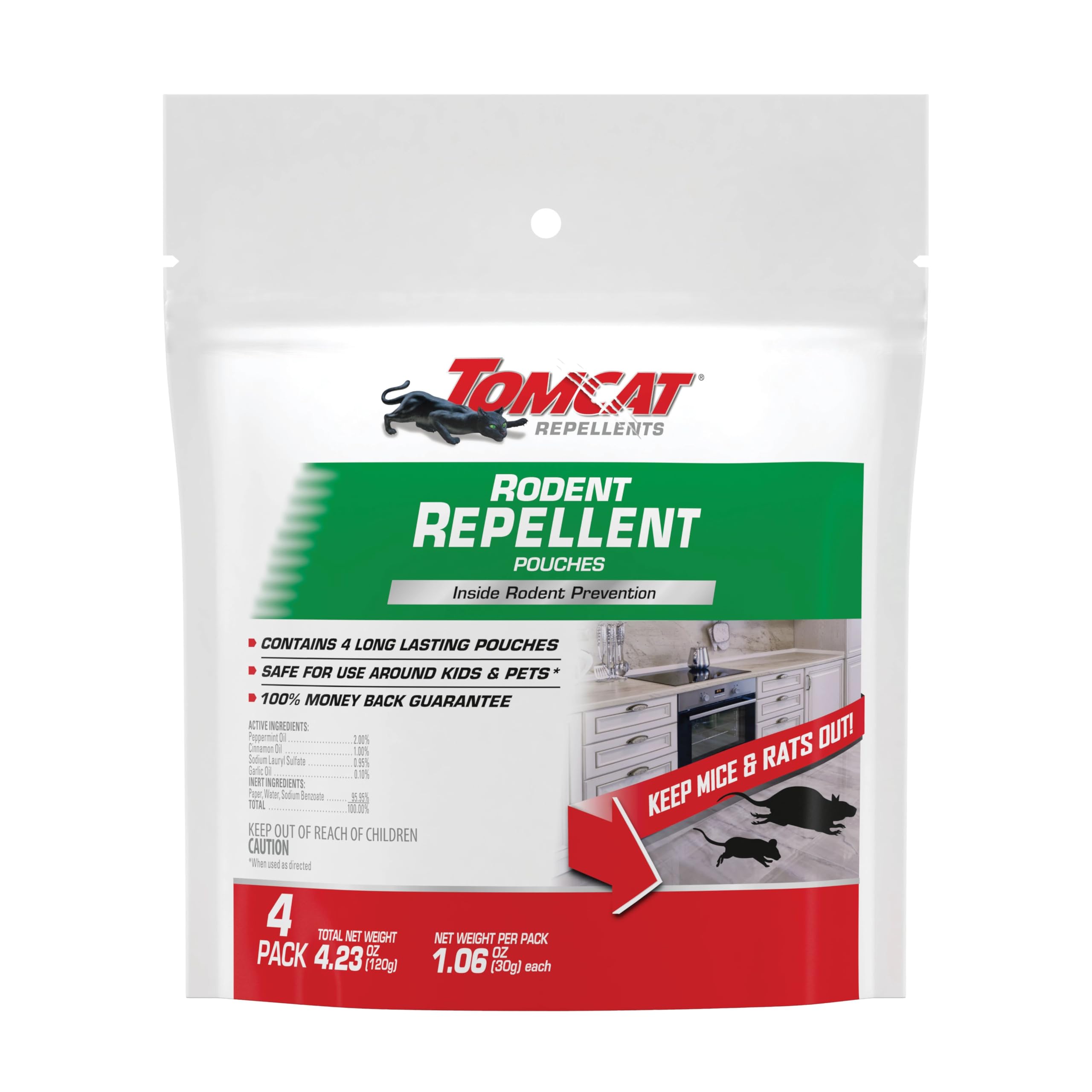 Tomcat Rodent Repellent Pouches packaging showing 4 count