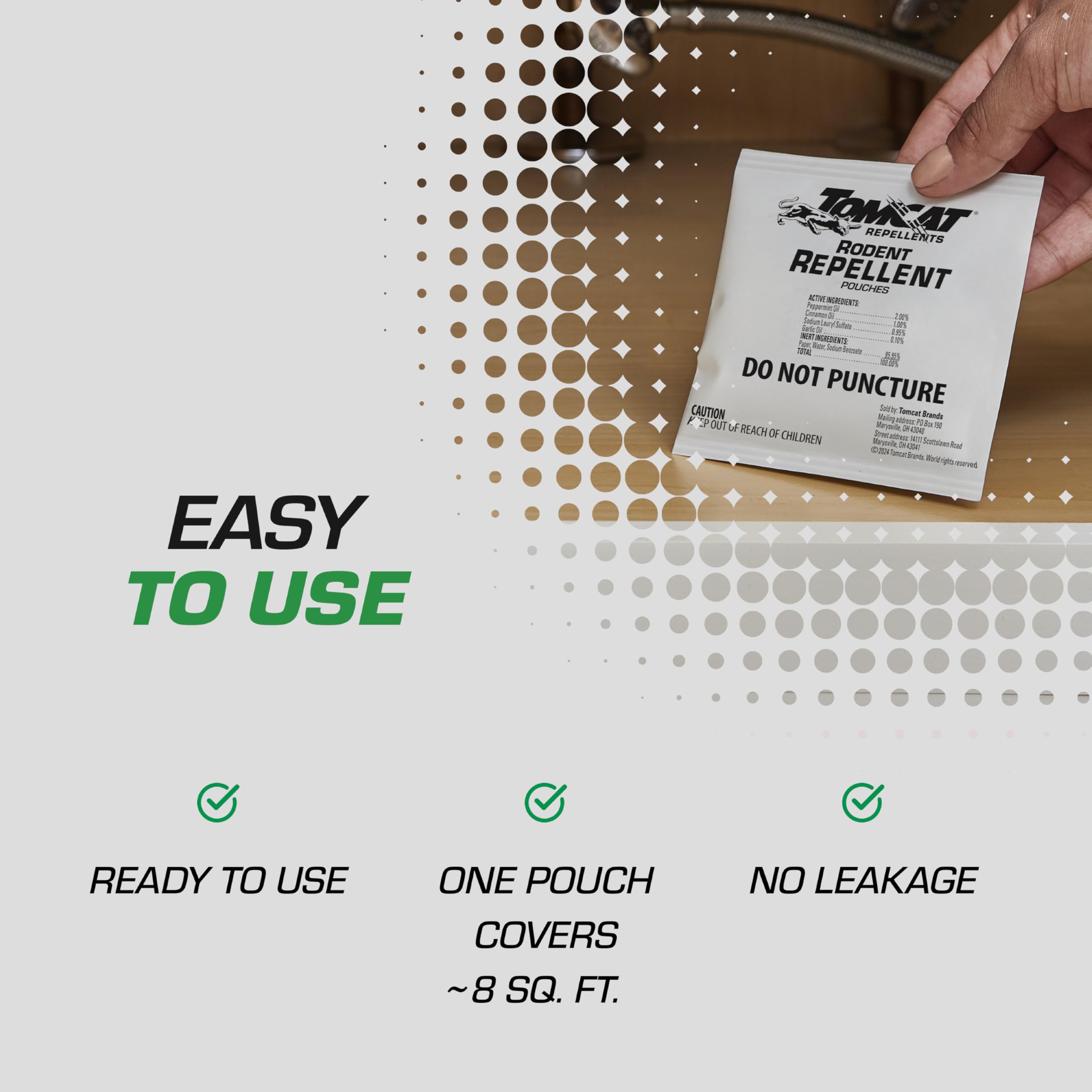 Tomcat Rodent Repellent Pouches showing usage instructions on packaging