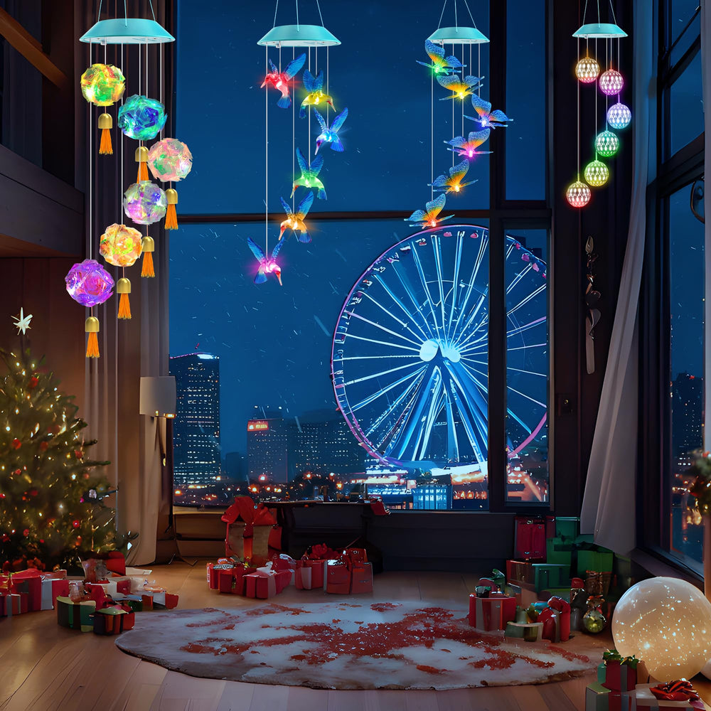 Toodour Solar Wind Chime displayed indoors with lights on
