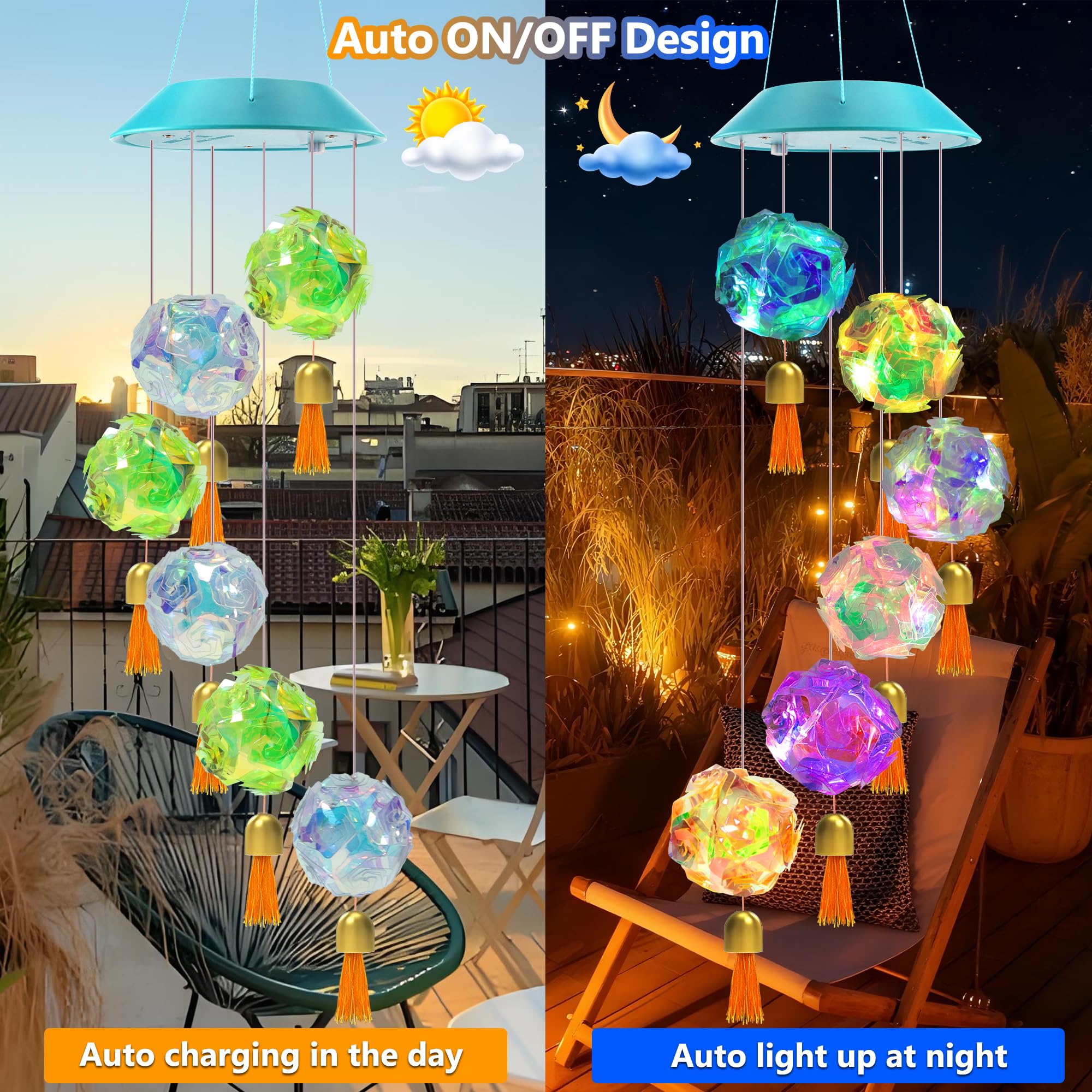 Toodour Solar Wind Chime lit up at night in a patio