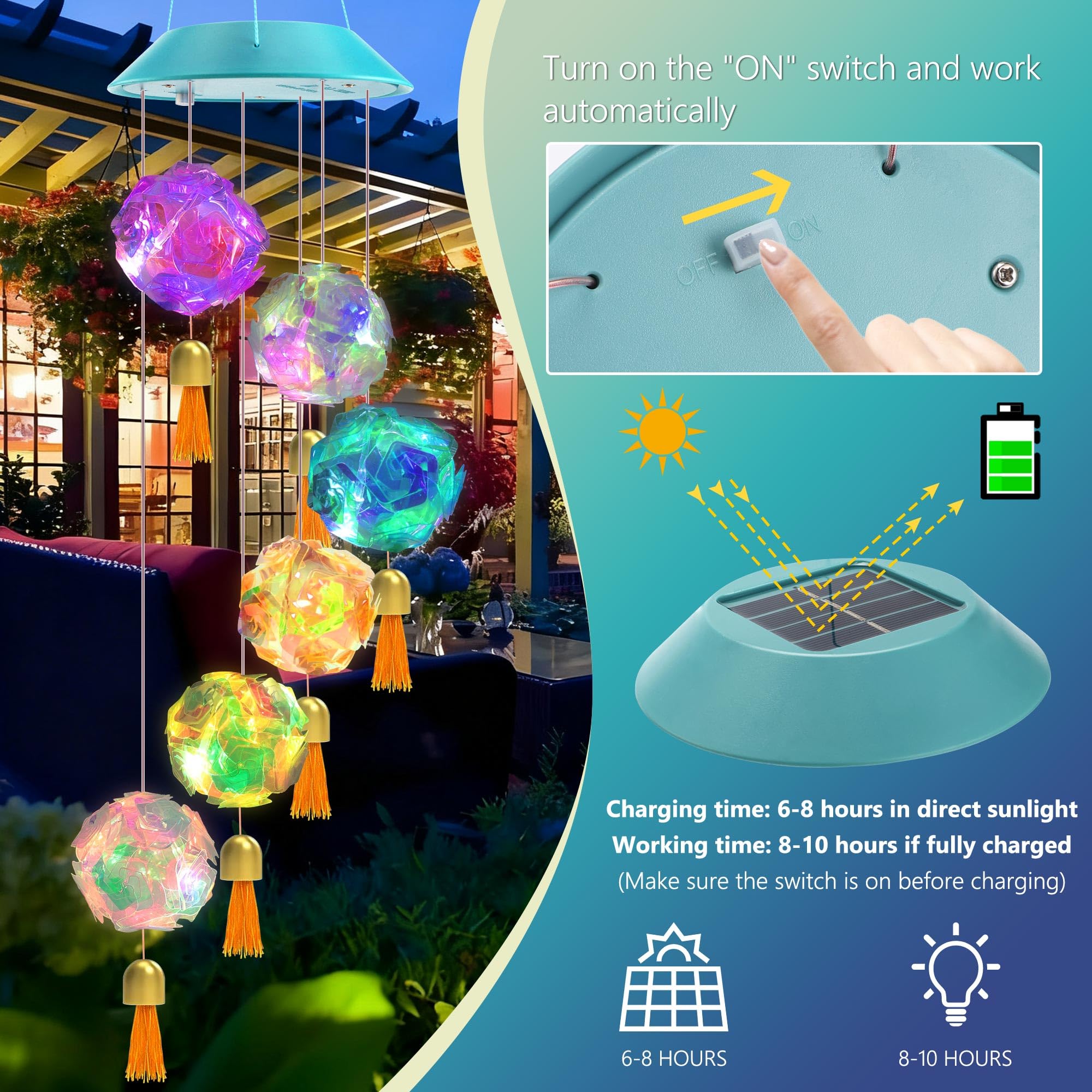 Toodour Solar Wind Chime showing 6 colour changing lights in a garden