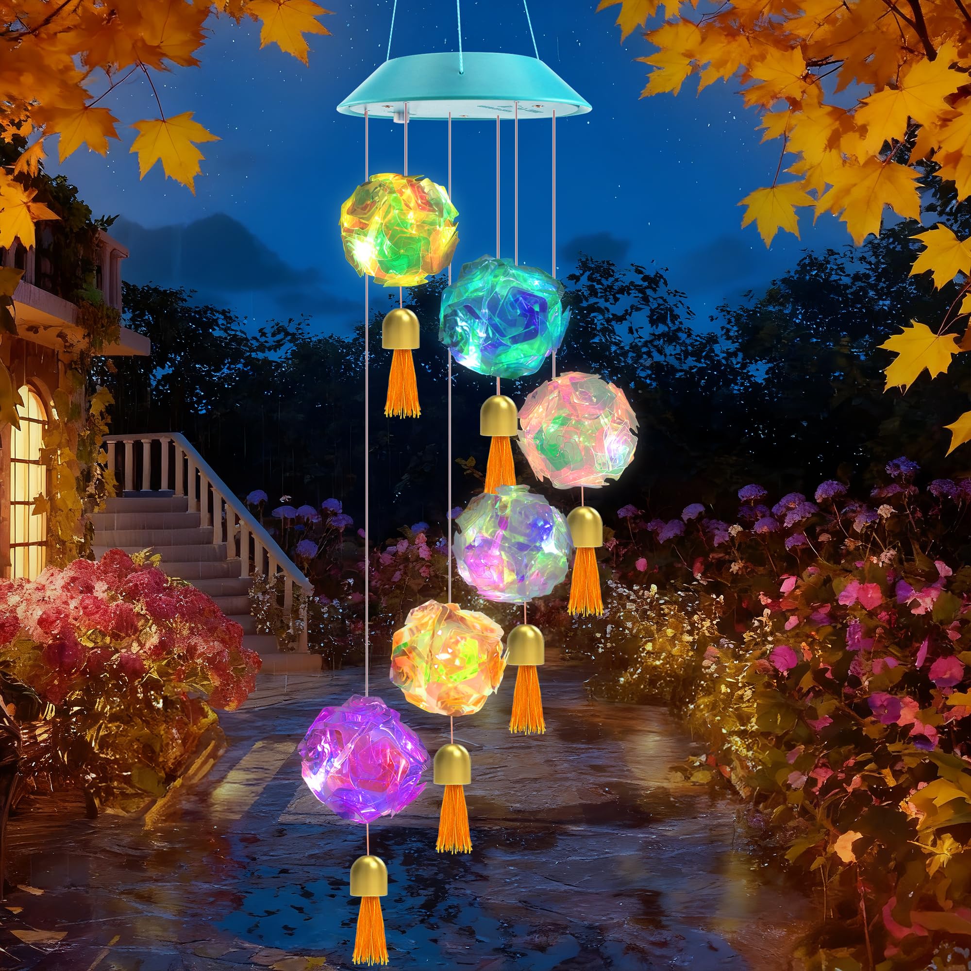 Toodour Solar Wind Chime with Hydrangea Ball design, front view