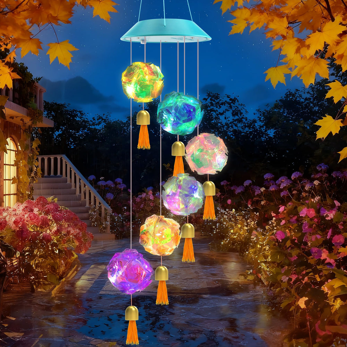 Toodour Solar Wind Chime with Hydrangea Ball design, front view