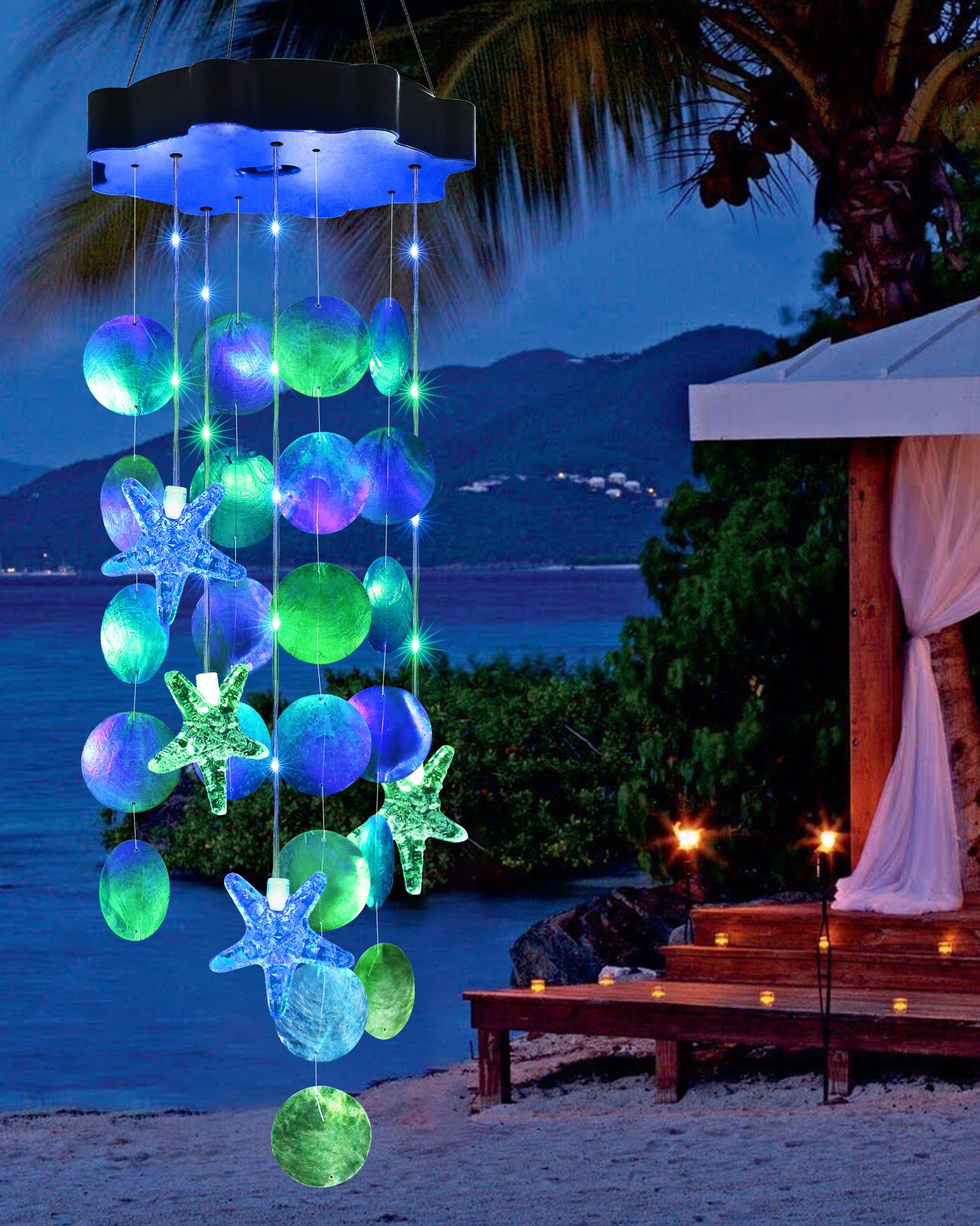 Toodour Solar Wind Chimes 9 inch blue and green seashell design
