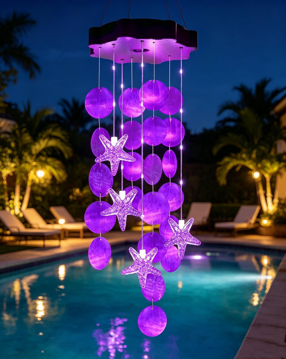 Toodour Solar Wind Chimes front view with purple seashell design