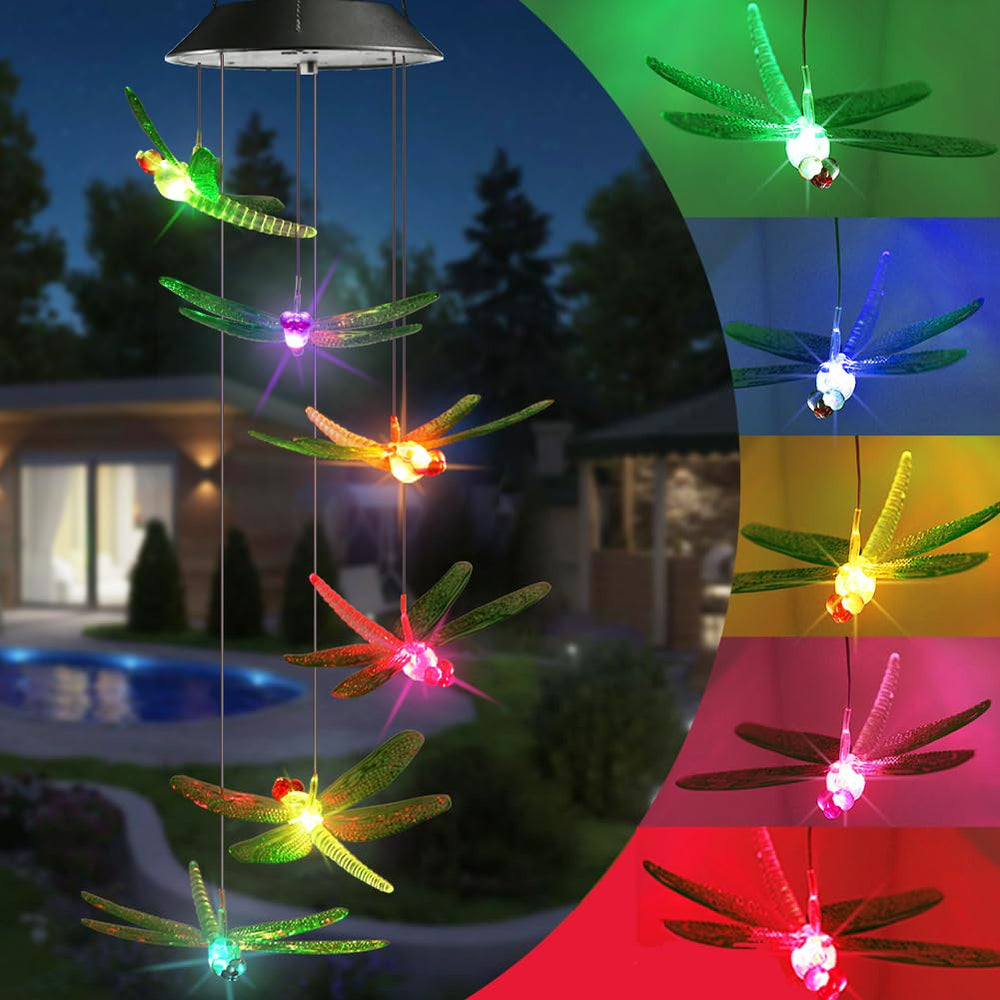 Toodour Solar Wind Chimes with dragonfly lights hanging in a garden