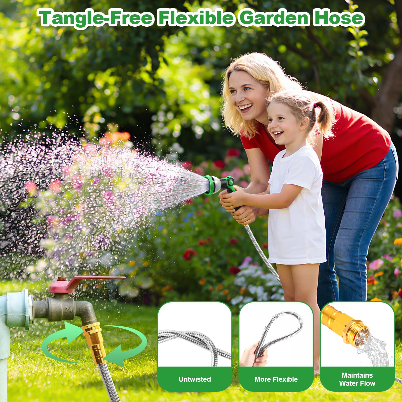 Toolasin garden hose laid out on a patio surface