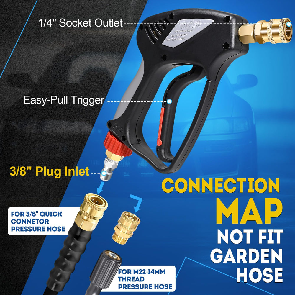TOOLCY Pro Short Pressure Washer Gun attached to a pressure washer