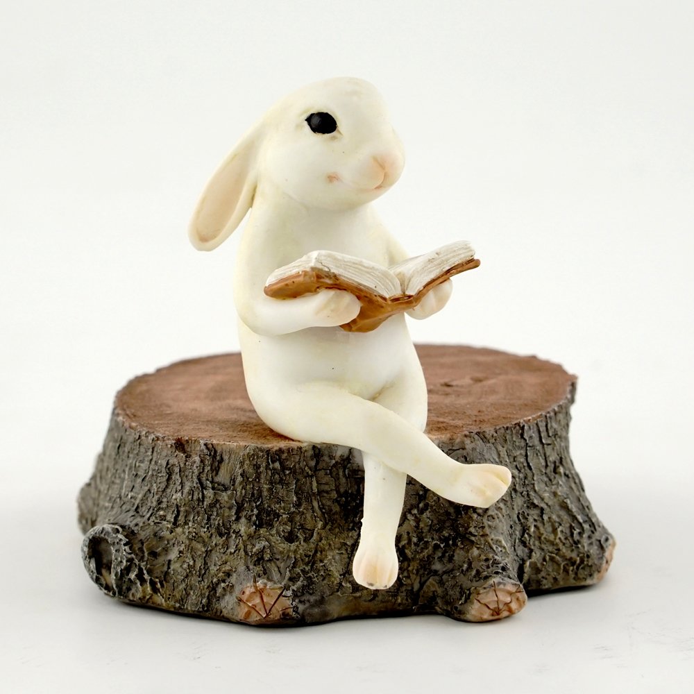 Top Collection Bunny Reading on Stump Statue, ivory colour, front view
