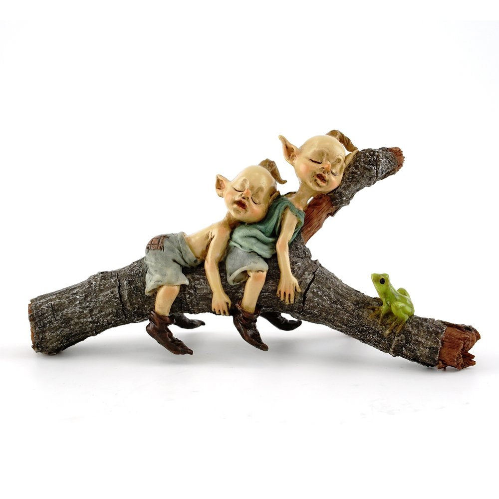 Top Collection Miniature Fairy Garden Pixies Napping on Tree Log Statue, front view