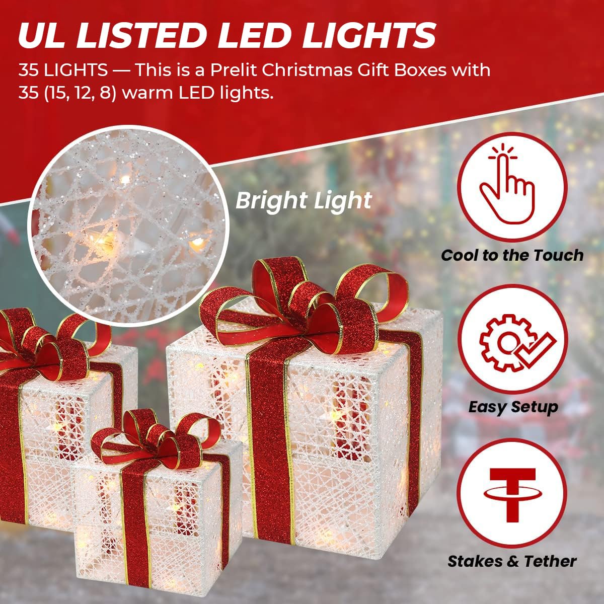 Top Treasures lighted gift boxes set in outdoor garden display