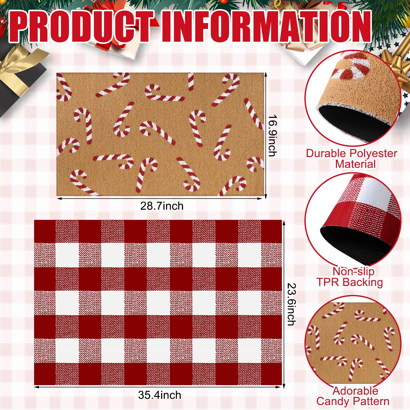 Top view of Drydiet Christmas doormat with candy cane details